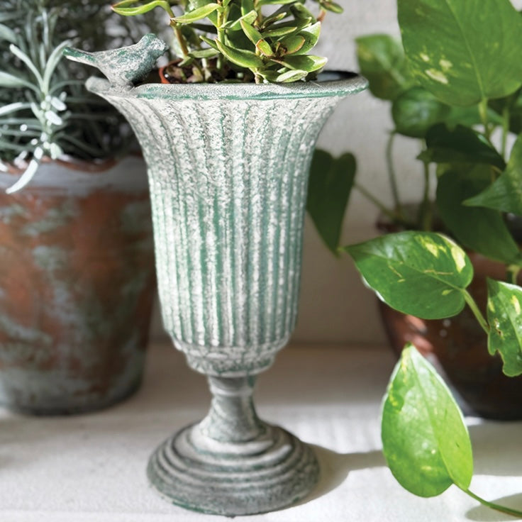 Ribbed Tall Planter With Bird