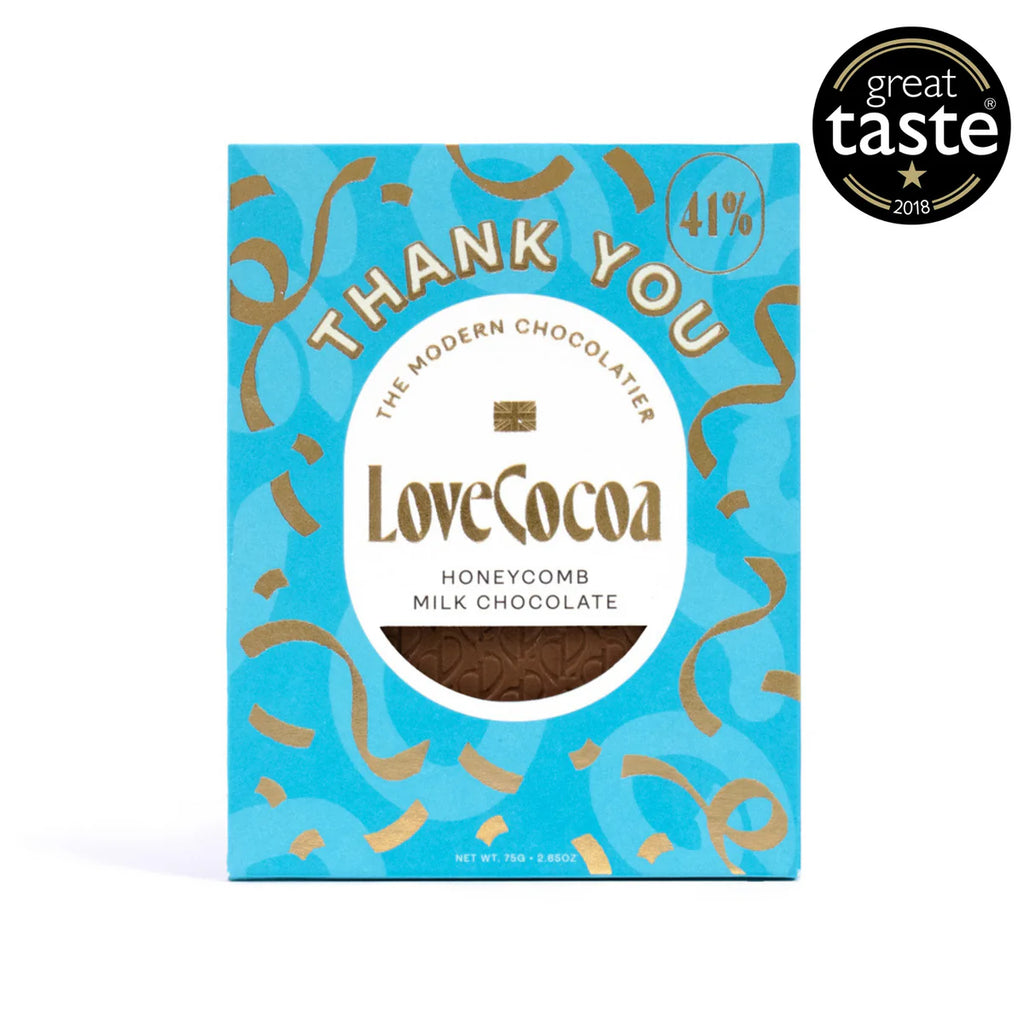 LoveCocoa Thank you Chocolate bar - London Honeycomb - A London‑edition twist on honeycomb milk chocolate, combining crisp honeycomb chunks with smooth Colombian milk chocolate for a comforting yet playful flavour.