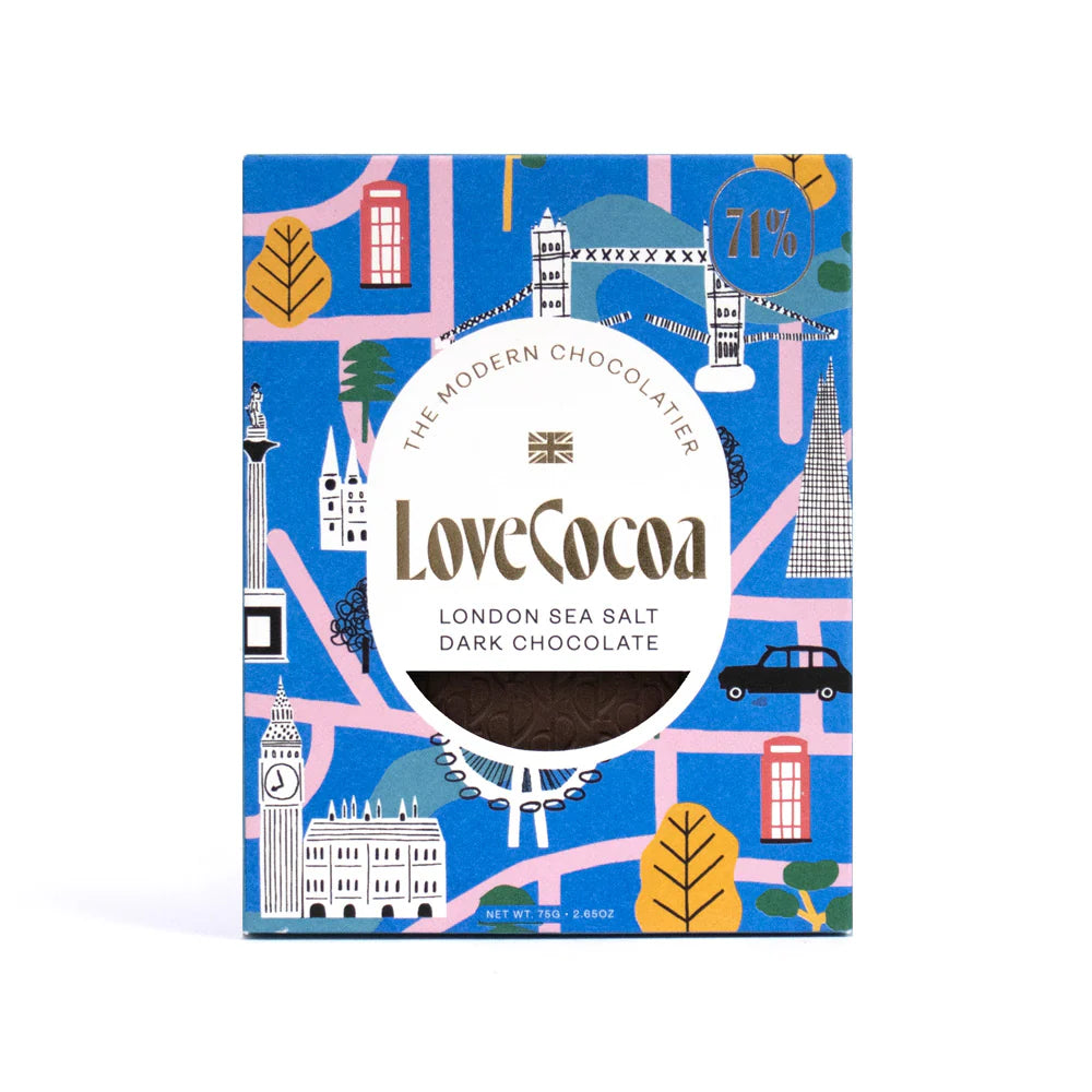 Love Cocoa  London Sea Salt (Maldon Sea Salt Dark Chocolate) - A decadent vegan dark chocolate bar (71% cocoa) featuring artisanal Peruvian cocoa and handcrafted, flaky Maldon sea salt, offering a sophisticated, velvety, and balanced experience.  