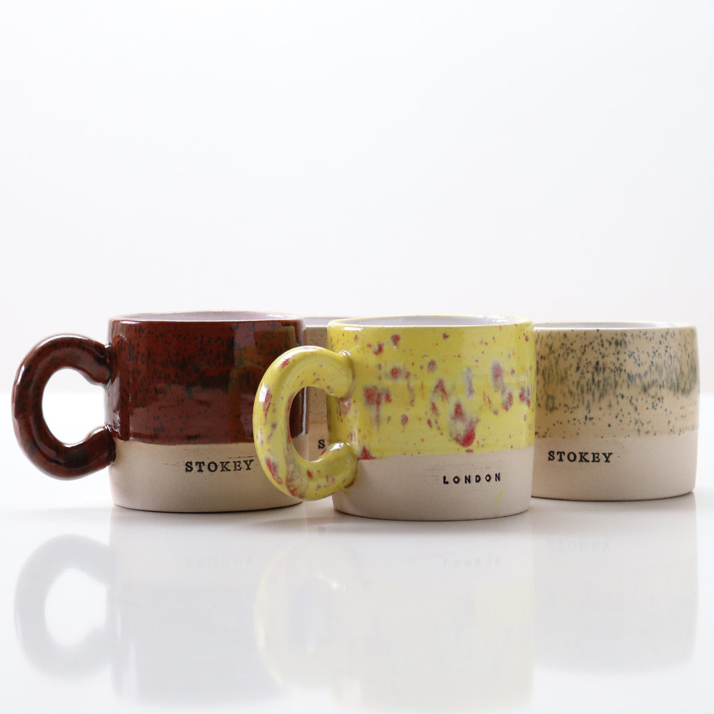 London and Stokey stamped ceramic mugs handmade by Lesley McShea