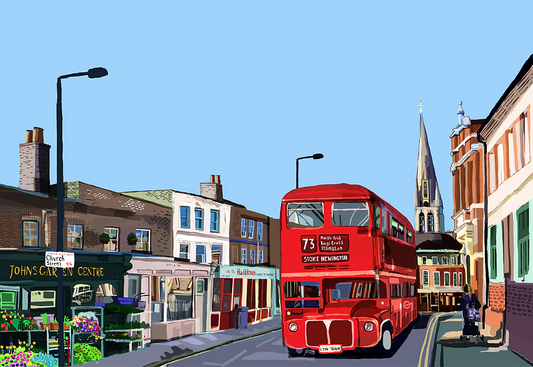 Print - 73 Bus – The iconic red double-decker that links Stoke Newington to central London. A local legend in its own right.
