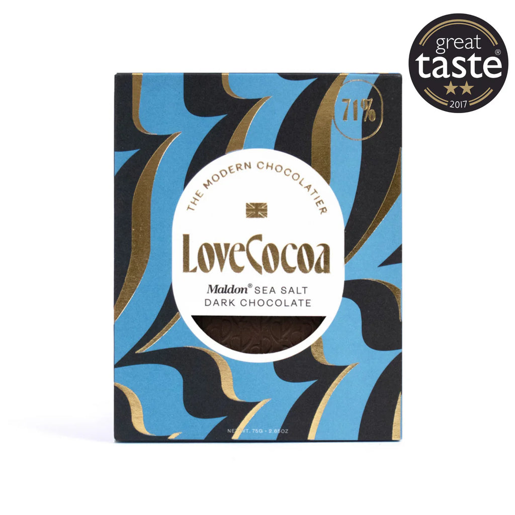 LoveCocoa  (Maldon Sea Salt Dark Chocolate) - A decadent vegan dark chocolate bar (71% cocoa) featuring artisanal Peruvian cocoa and handcrafted, flaky Maldon sea salt, offering a sophisticated, velvety, and balanced experience.  