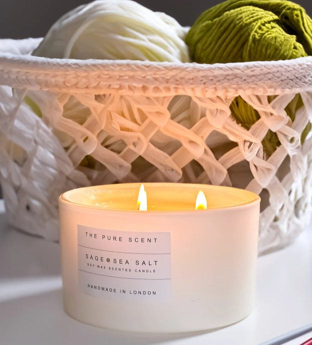 the pure scent candle three wick white glass sage and sea salt