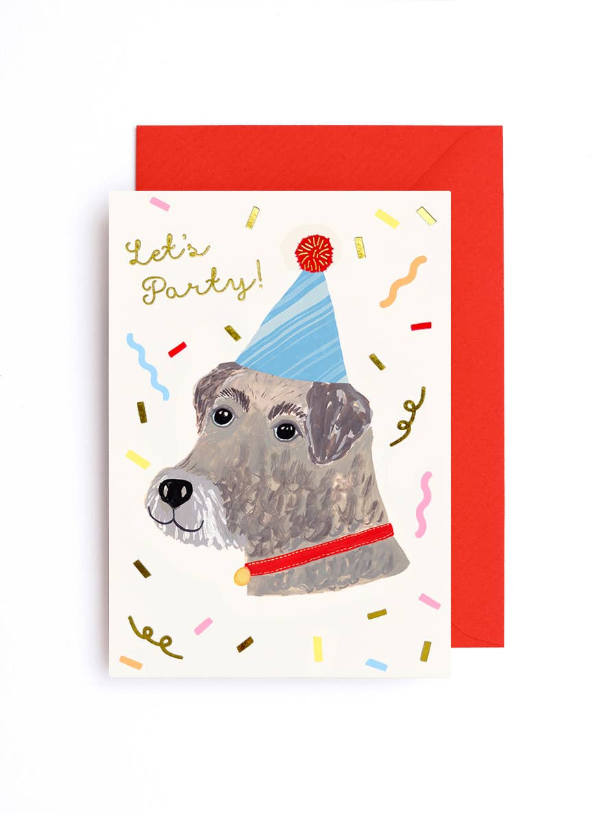 Let's Party! Dog Party Hat w foil confetti birthday card