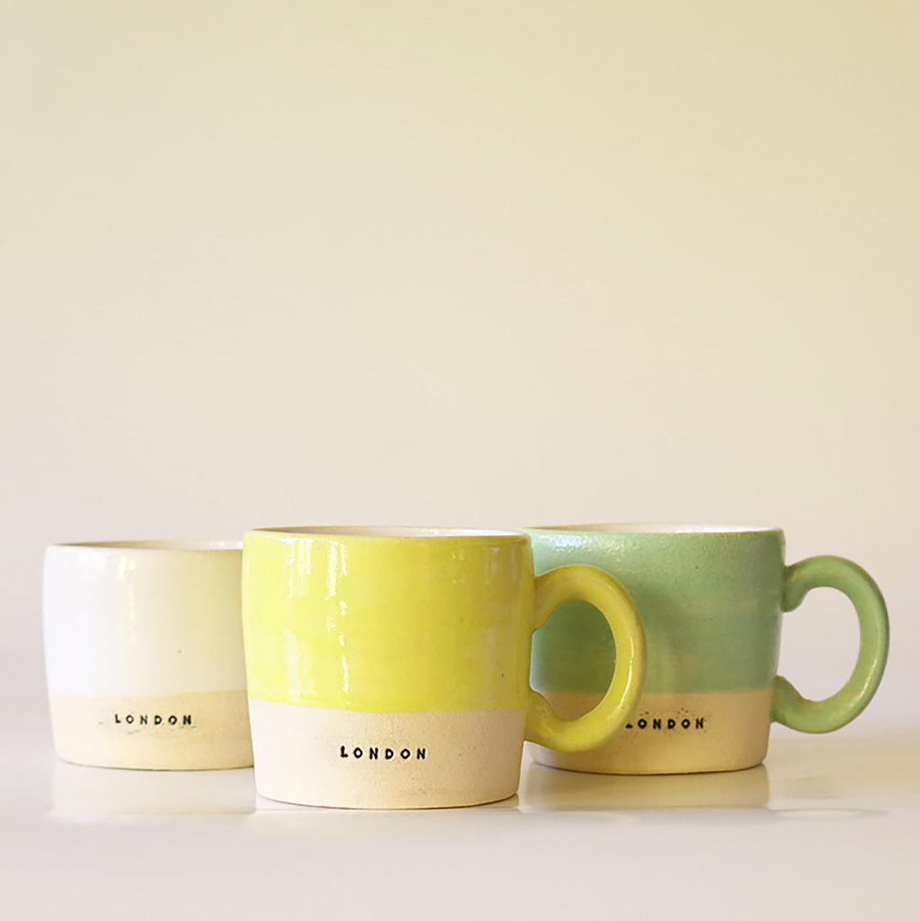 Bright colourful ceramic handmade Lesley McShea 'London' stamped mugs