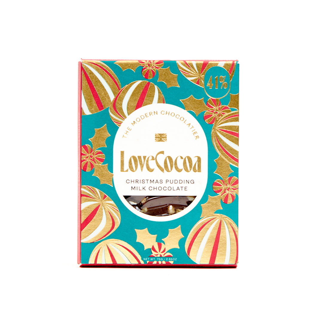 Love Cocoa ‘Christmas Pudding’ - A seasonal milk chocolate bar  infused with festive nods, such as spices, fruit peel, and raisons. It evokes the traditional Christmas pudding experience.