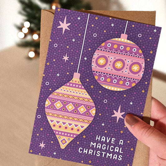Magical Gold and Purple Illustrated Baubles Christmas Card