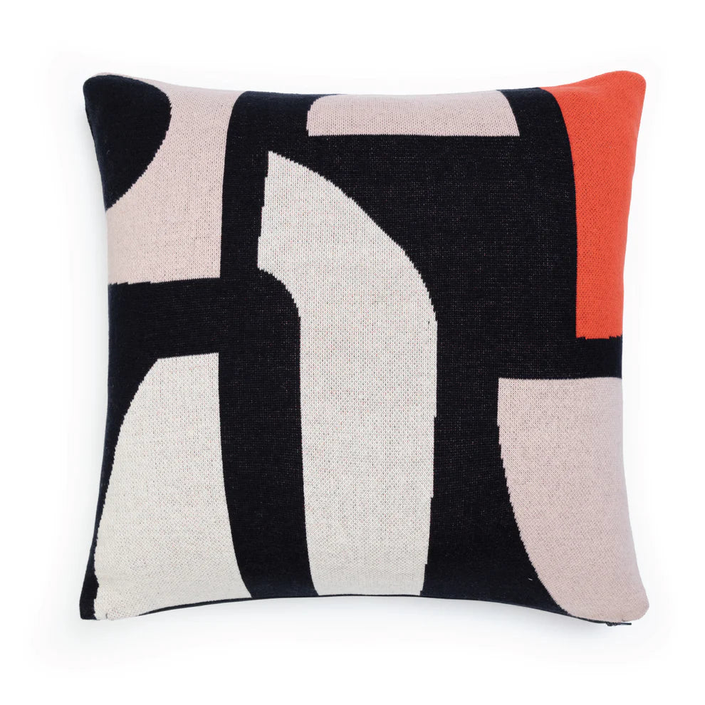 Navy: Navy cushion with pastel pink, grey and orange detail – Sophie Home colourblock design