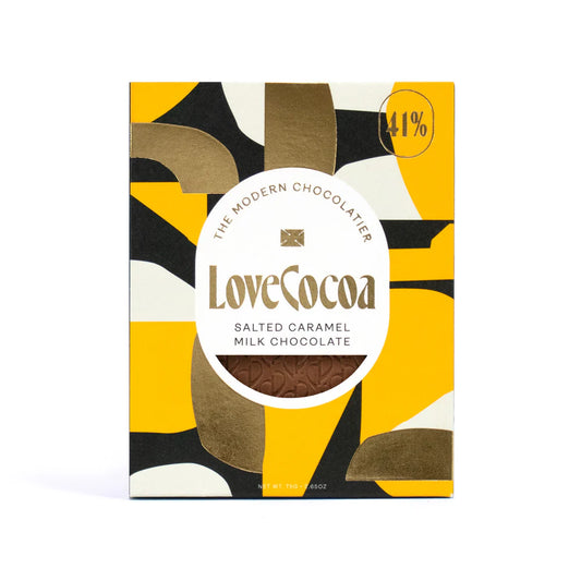 Love Cocoa chocolate Salted Caramel - A luxurious blend of velvety Colombian milk chocolate, soft buttery caramel, and a pinch of sea salt,  the brand’s bestselling combination for good reason.