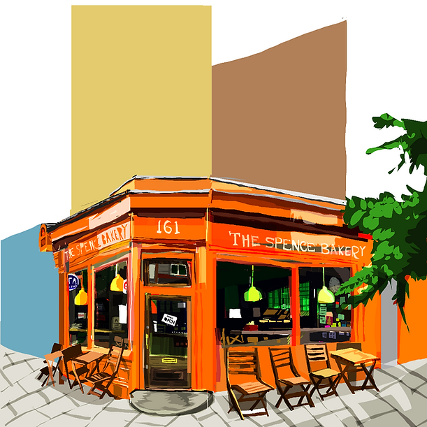 The Spence Bakery Print - Often spotted with a queue outside and people enjoying baked goods on seats outside. The  Bakery serves up delicious bread, cakes, muffins, sandwiches & cookies.