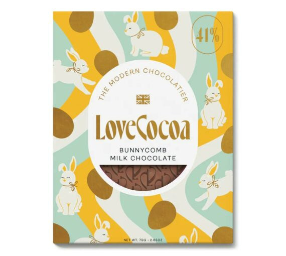 Love Cocoa 'Bunnycomb' Honeycomb - Creamy milk chocolate studded with golden honeycomb nuggets. It’s sweet, comforting and perfect as a heartfelt thank‑you gift.