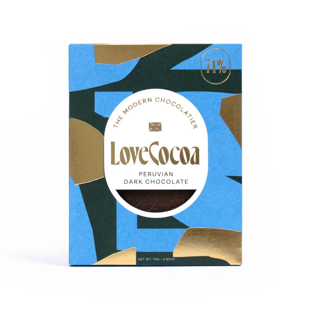 Love Cocoa  Peruvian Dark - Single-origin dark chocolate, made from rich Peruvian cocoa beans, a refined, full-flavoured choice for dark-chocolate lovers. (Inferred slightly, bestselling dark bar with Peruvian origin.)