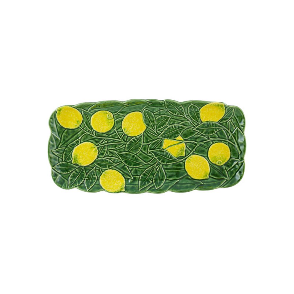 Green ceramic platter with yellow lemon designs by Bordallo Pinheiro on a white background