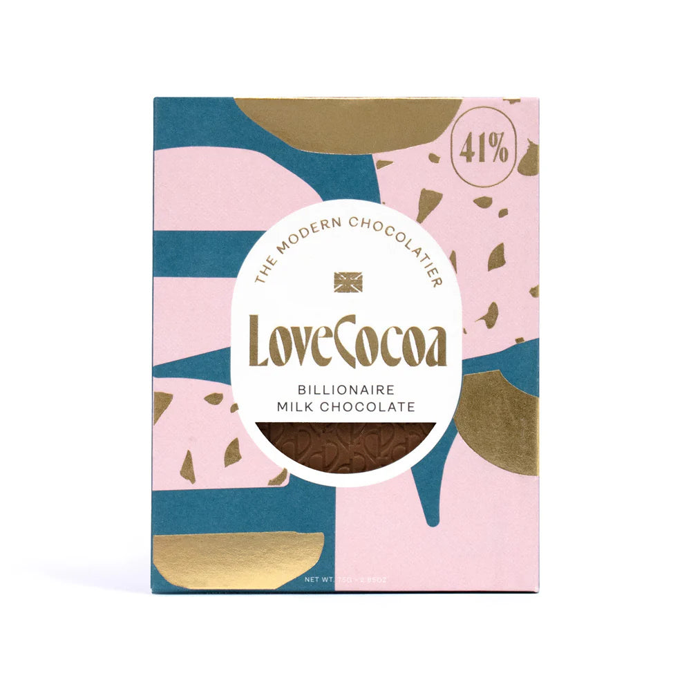 Love Cocoa Bar - Billionaire Bar - Inspired by millionaire shortbread: a marbled milk and white chocolate bar infused with caramel, topped with sticky toffee shards and crunchy biscuit bits, making it a dessert in a bar.  ￼