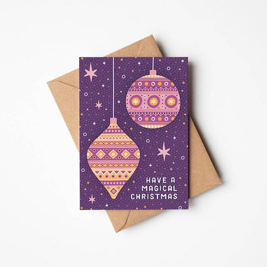 Magical Gold and Purple Illustrated Baubles Christmas Card