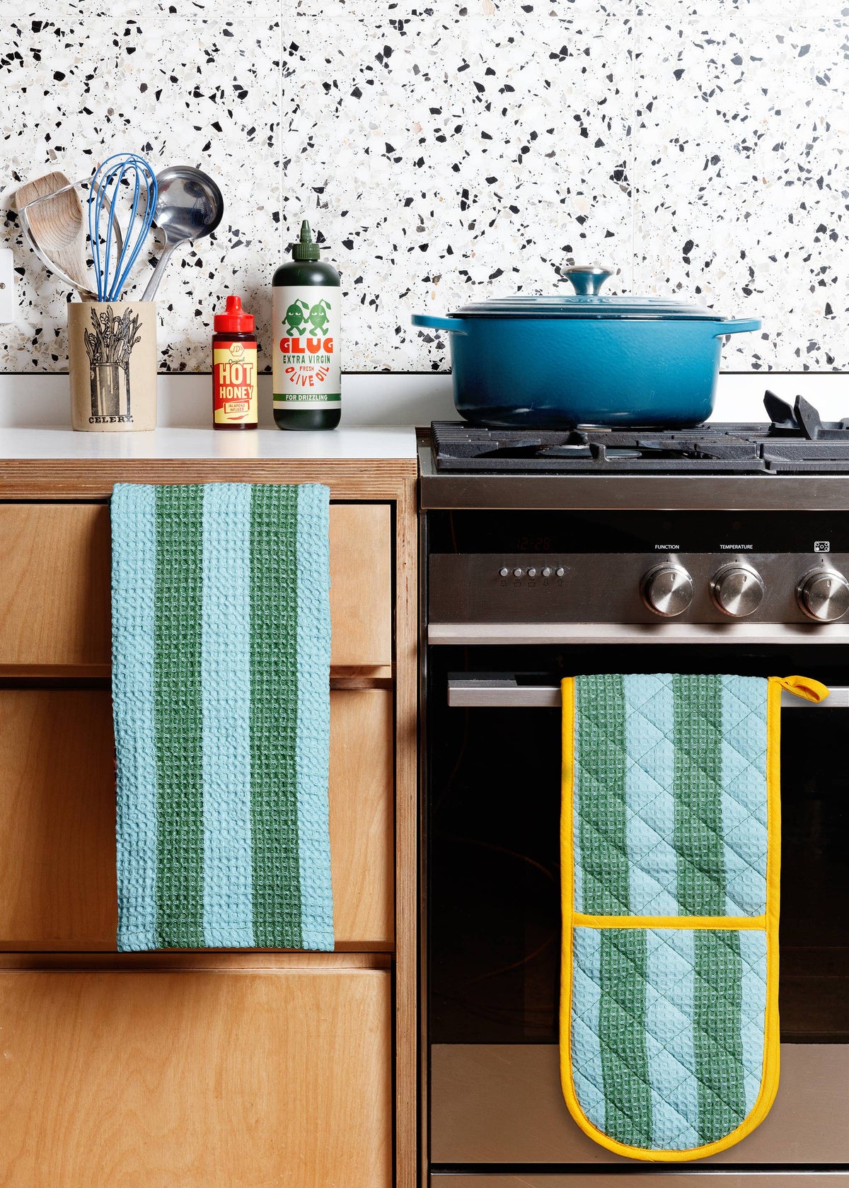 Oven Glove: Striped Green & Blue