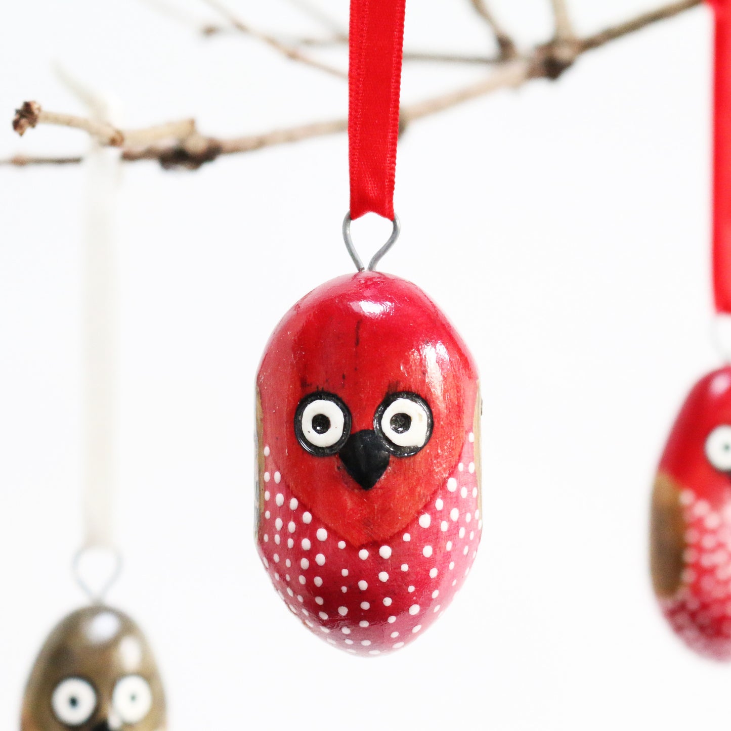 Hand Carved Wood Owl Ornaments