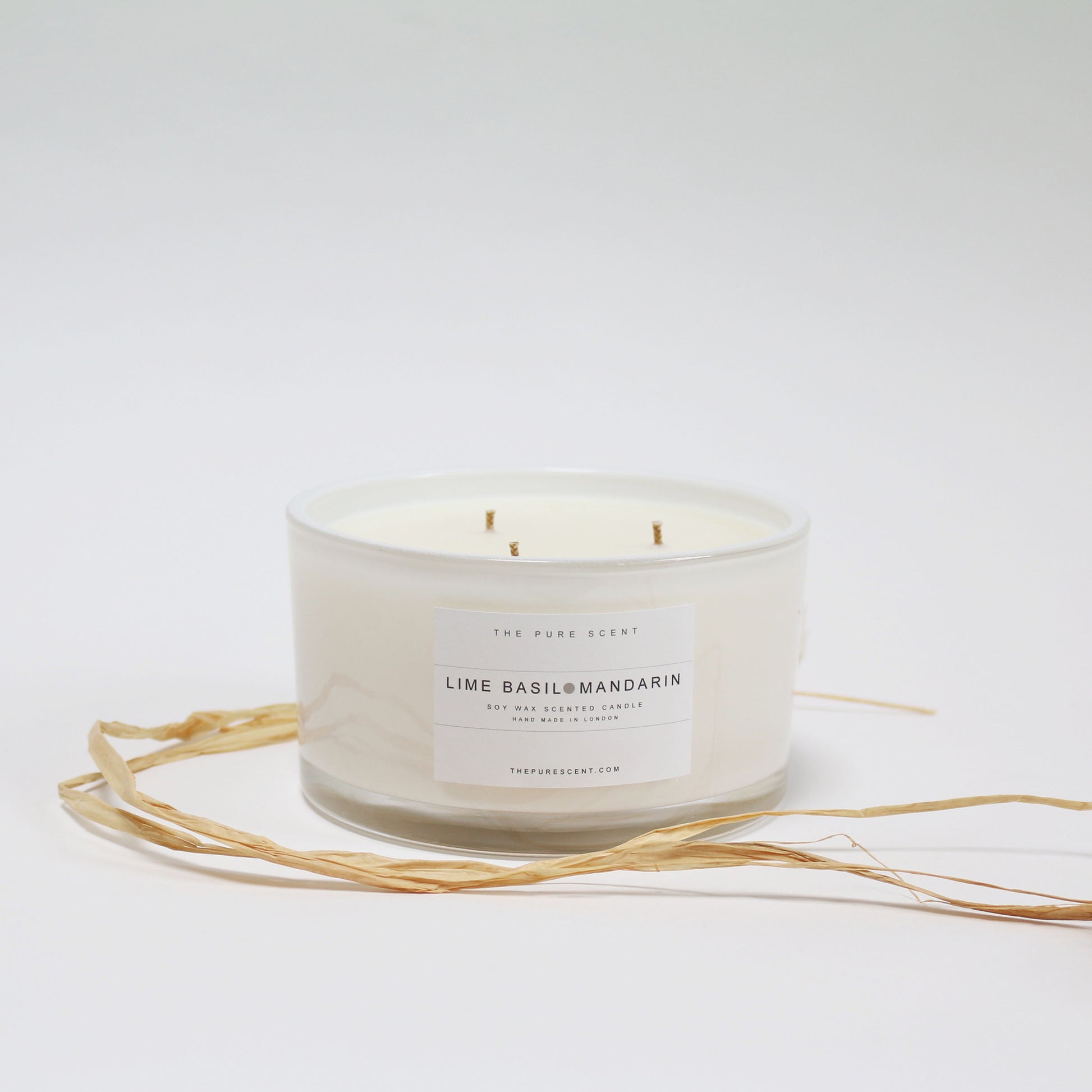 Lime Basil & Mandarin 3-wick candle in white glass jar by The Pure Scent – hand-poured soy wax